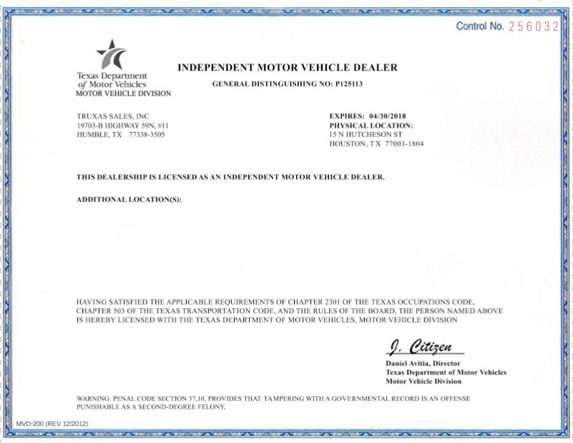 USA Texas Independent Motor Vehicle Dealer